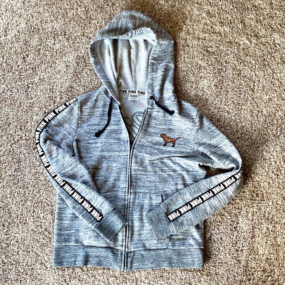 Victoria secret zip up hoodie with sequin lettering, race stripe down the arms - Picture 2 of 4